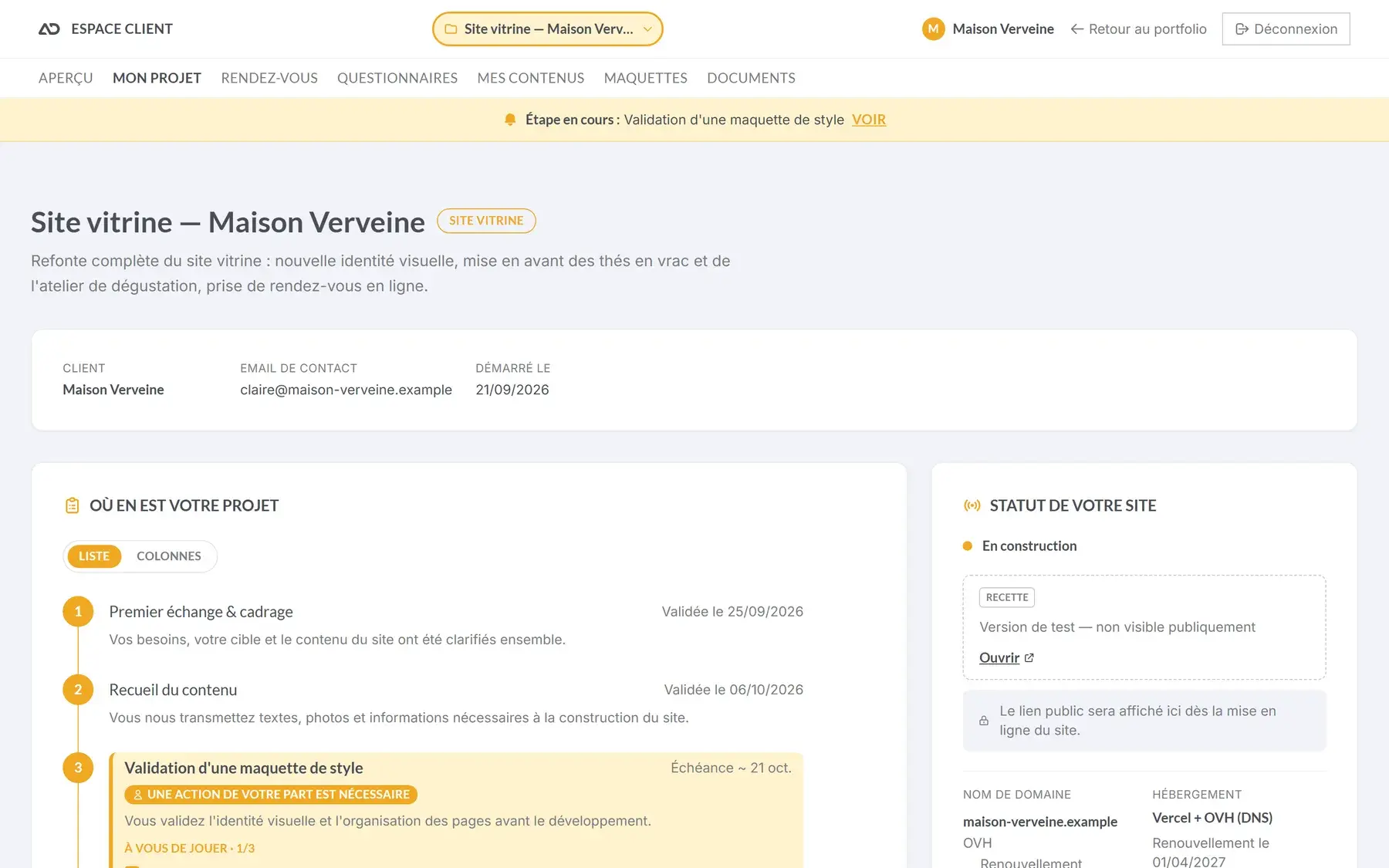 Espace client : suivi des étapes d’un projet de site (données de démonstration)