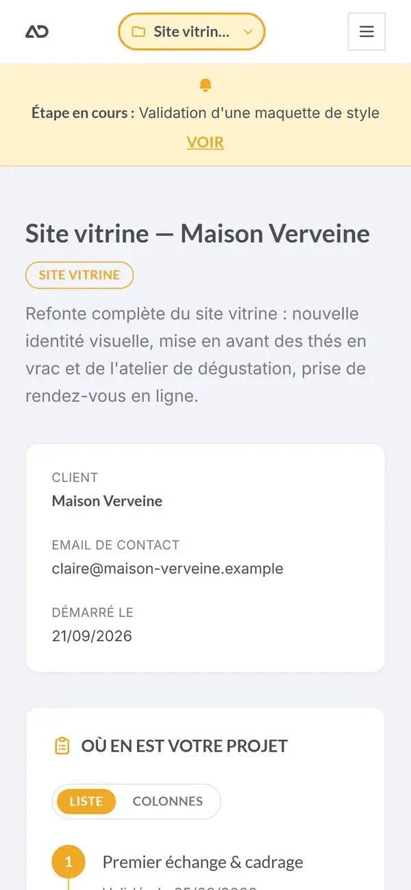 Espace client sur téléphone (données de démonstration)