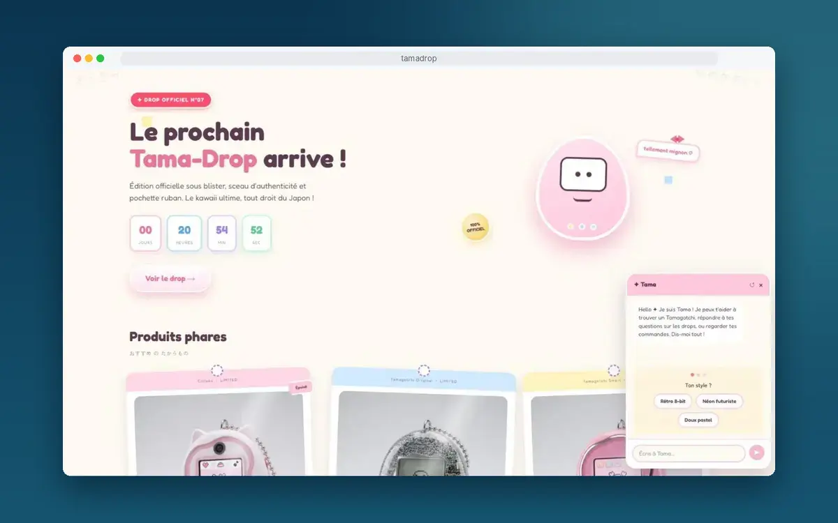 Page d’accueil de la boutique TamaDrop avec son assistant